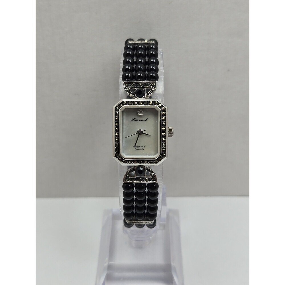 Vintage Lucoral Diamond Quartz Watch Black Onyx Beads Marcasite MOP New Battery